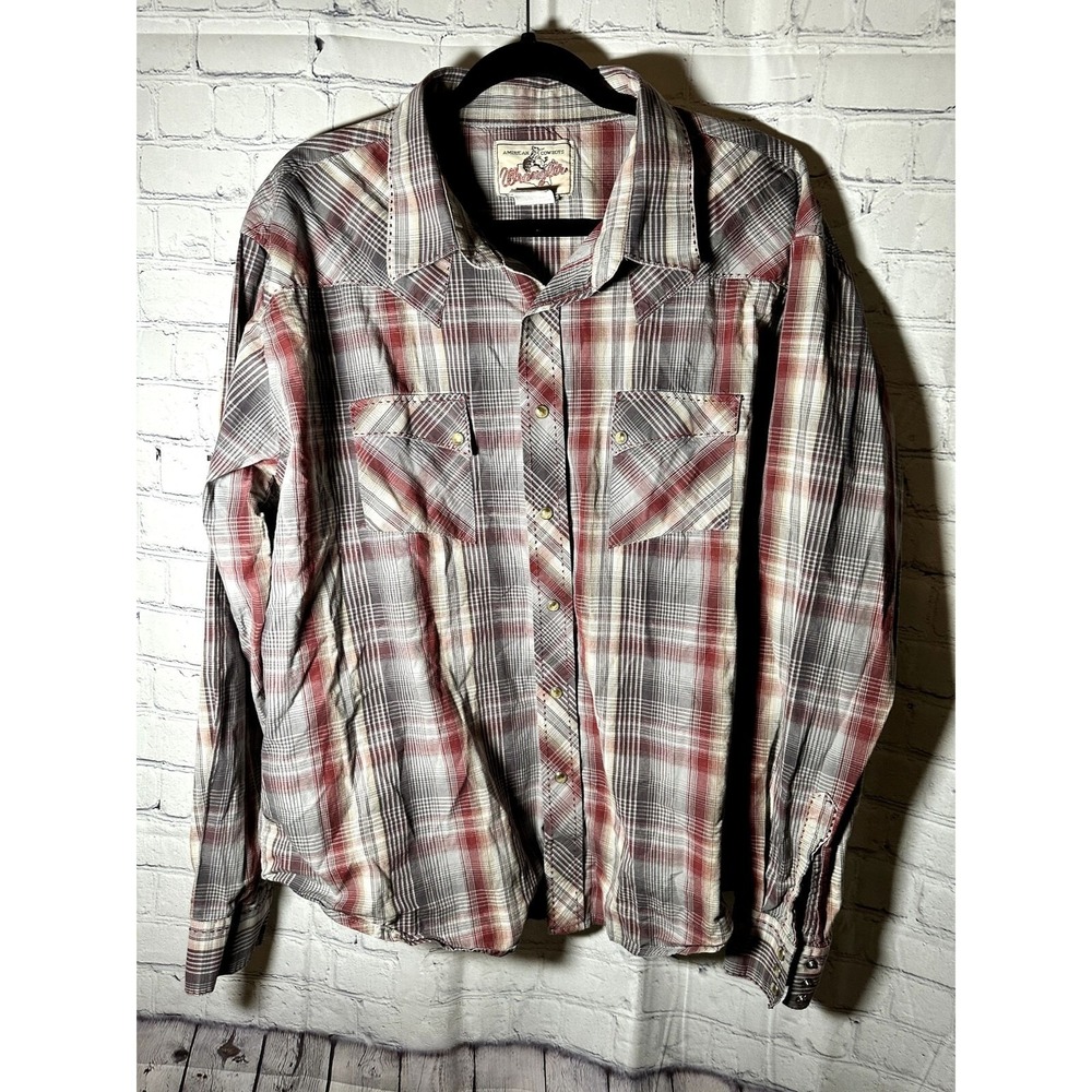 Wrangler American Cowboys Mens Plaid Western Pearl Snap Shirt Red Grey Large